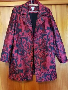Chico's Red and Black Floral Jacquard Blazer Jacket